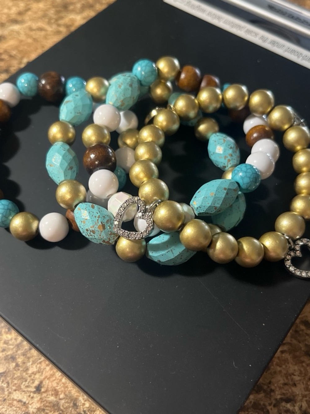 Turquoise Beaded Stretch Bracelet Set with Gold Accents